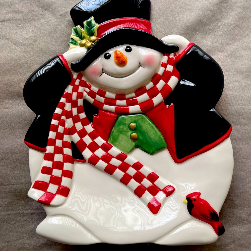 Fitz & Floyd Holly Jolly Snowman Canapé Snack Plate Christmas Collectable